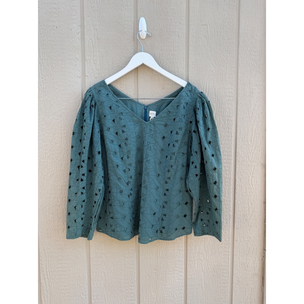 La Vie Rebecca Taylor XL Eyelet Top Teal Cotton Puff Sleeve V-Neck NWT